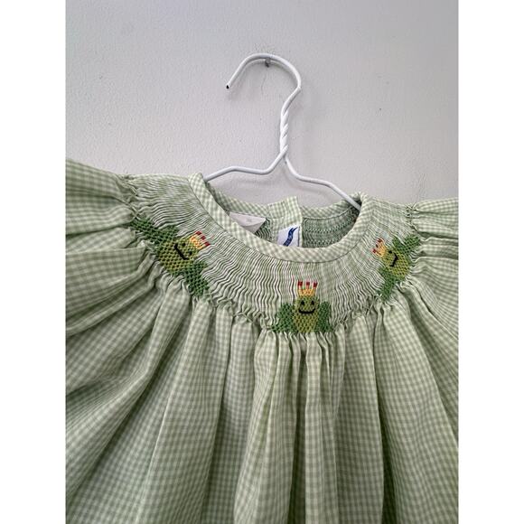 Silly Goose Girls Hand Smocked Frog Princess Green White Gingham Plaid Dress 18 - Picture 2 of 6